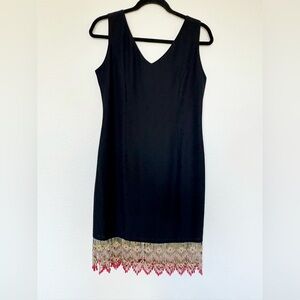 Vintage 90s Cocktail Black Dress with Beaded Fringe Hem Art Deco Retro Size 6